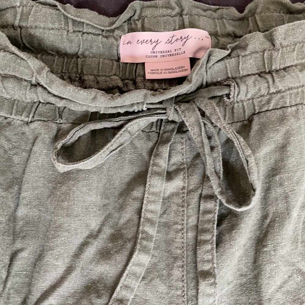 2X - sage green linen capri wide leg pants elastic waist drawstring good pockets